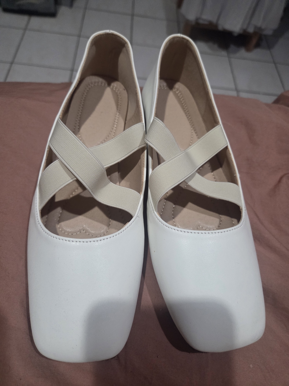 Women's White Square-Toe Flats with Elastic Cross Straps